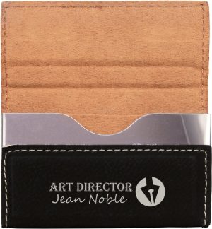 3 3/4" x 2 3/4" Black/Silver Laserable Leatherette Hard Business Card Holder